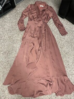 Veiled Satin Wrap ruffle accent long sleeve Maxi Dress in Dusty Rose- new
